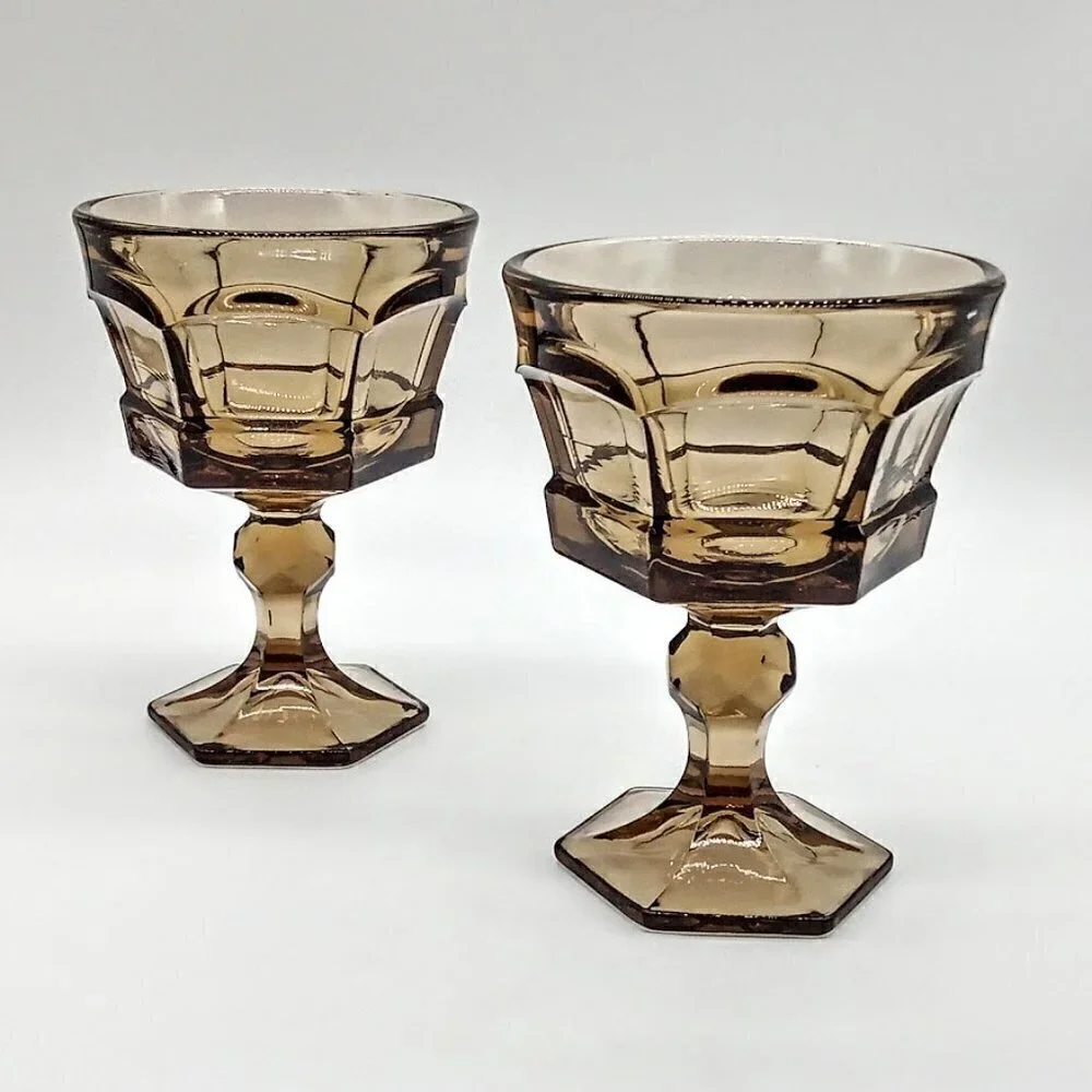 Vintage Fostoria Virginia Brown Tall Champagne Sherbet Glasses (2)